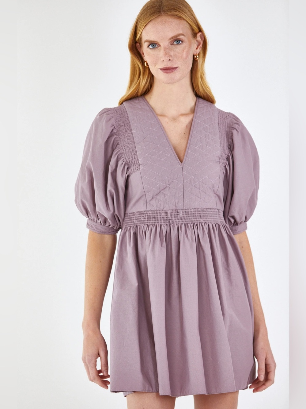 HUNTER BELL Lilac V-Neck Puff Sleeve Mini Dress‎